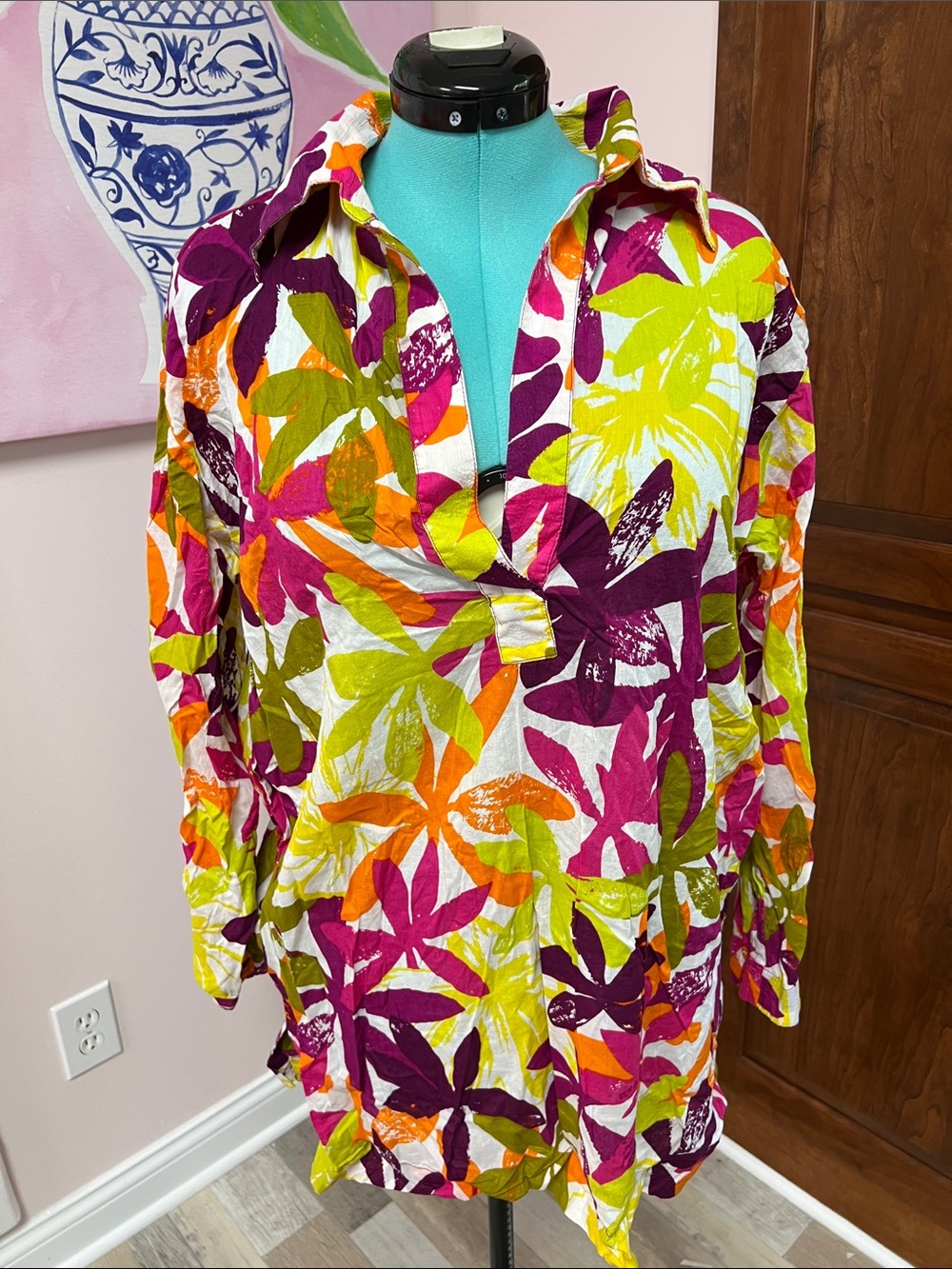 La Blanca Floral Swim Cover-Up Tunic in Magenta, Lime & Orange